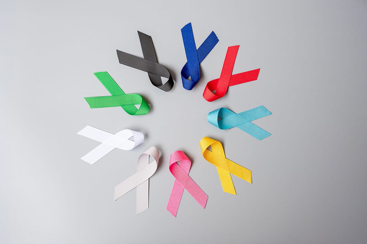 World cancer day (February 4). colorful awareness ribbons; blue, red, green, black, grey, white, pink and yellow color for supporting people living and illness. Healthcare and medical concept